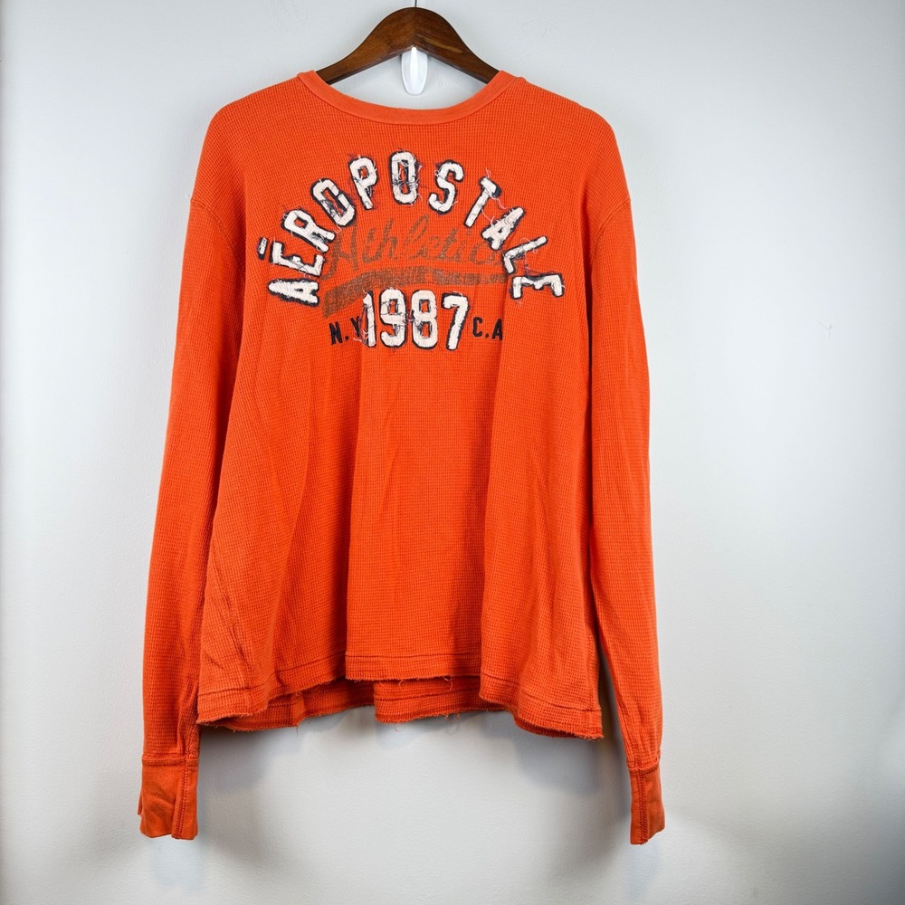 Y2K Aeropostale Thermal Shirt Mens XXL Orange Distressed Waffle Knit Grunge Raw